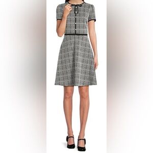 KARL LAGERFELD PARIS Jacquard Knit Bow Neck Pearl Button Fit & Flare Dress 6